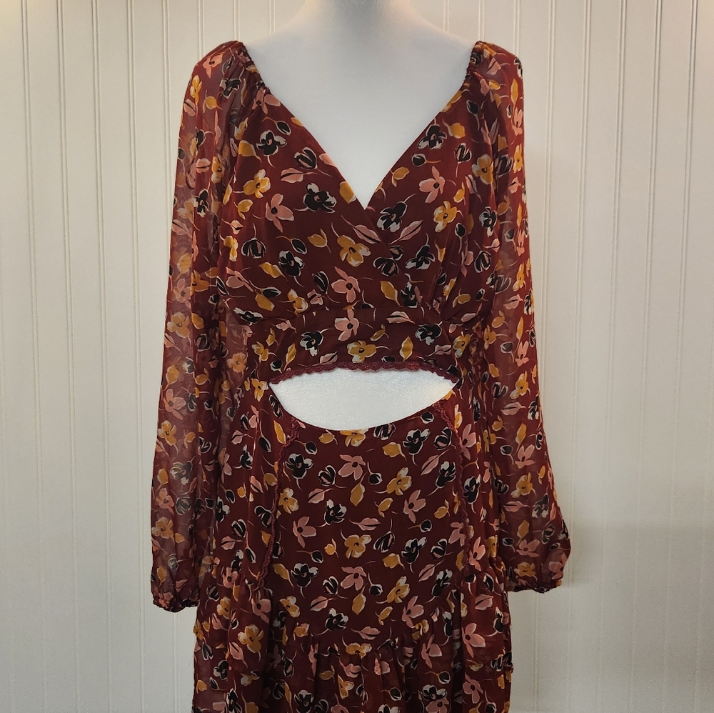 Just The Girl Women Burgundy Floral Chiffon Open Midriff Mini‎ Dress Size L Boho